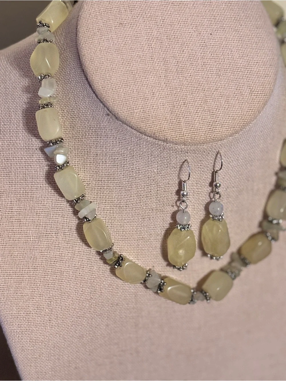 Vintage Trisha Waldron Yellow Agate Beaded Necklace and Drop Earring Set